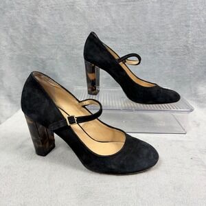 Lands End Womens 7B Black Suede Mary Jane Tortoise Block Heel Office Siren Shoes